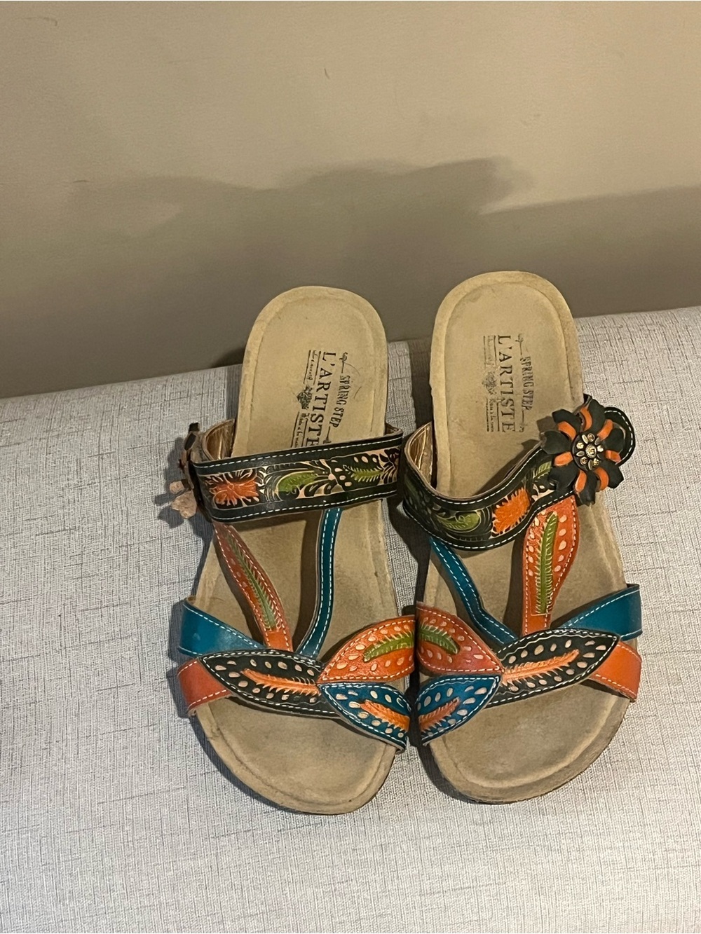 L'ATISTE Wilma Orange & Teal Floral Leather Slide Sandals, EU 41